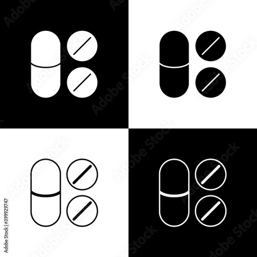 Set Toothache painkiller tablet icon isolated on black and white background. Tooth care medicine. Capsule pill and drug. Pharmacy design. Vector.