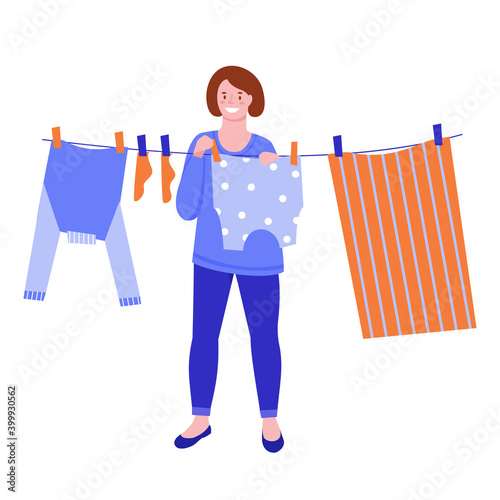 After washing, a young woman hangs the laundry on a rope to dry. Vector illustration. Flat style. Isolated on a white background.