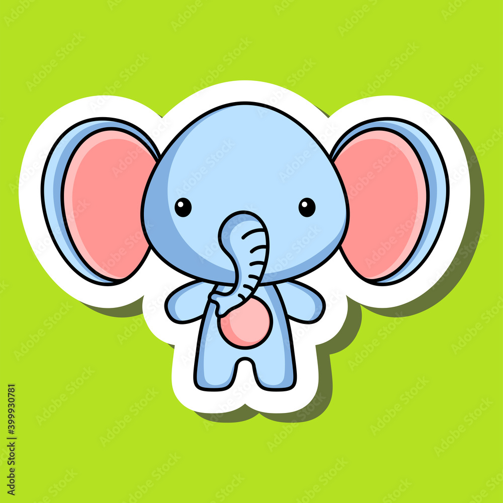 Cute cartoon sticker little elephant. Mascot animal character design for for kids cards, baby shower, posters, b-day invitation, clothes. Colored childish vector illustration in cartoon style. Cute cartoon sticker little elephant. Mascot animal character design for for kids cards, baby shower, posters, b-day invitation, clothes. Colored childish vector illustration in cartoon style.