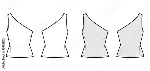 One-shoulder top tank technical fashion illustration with fitted slim body, tunic length hem. Flat outwear shirt apparel template front, back, white grey color. Women, men unisex CAD mockup