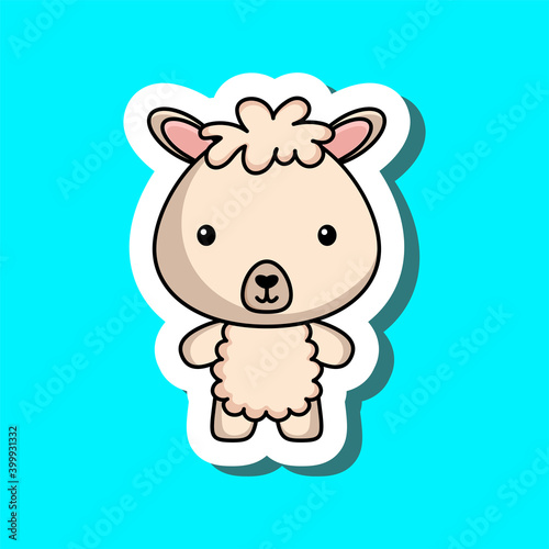 Cute cartoon sticker little alpaca. Mascot animal character design for for kids cards, baby shower, posters, b-day invitation, clothes. Colored childish vector illustration in cartoon style.