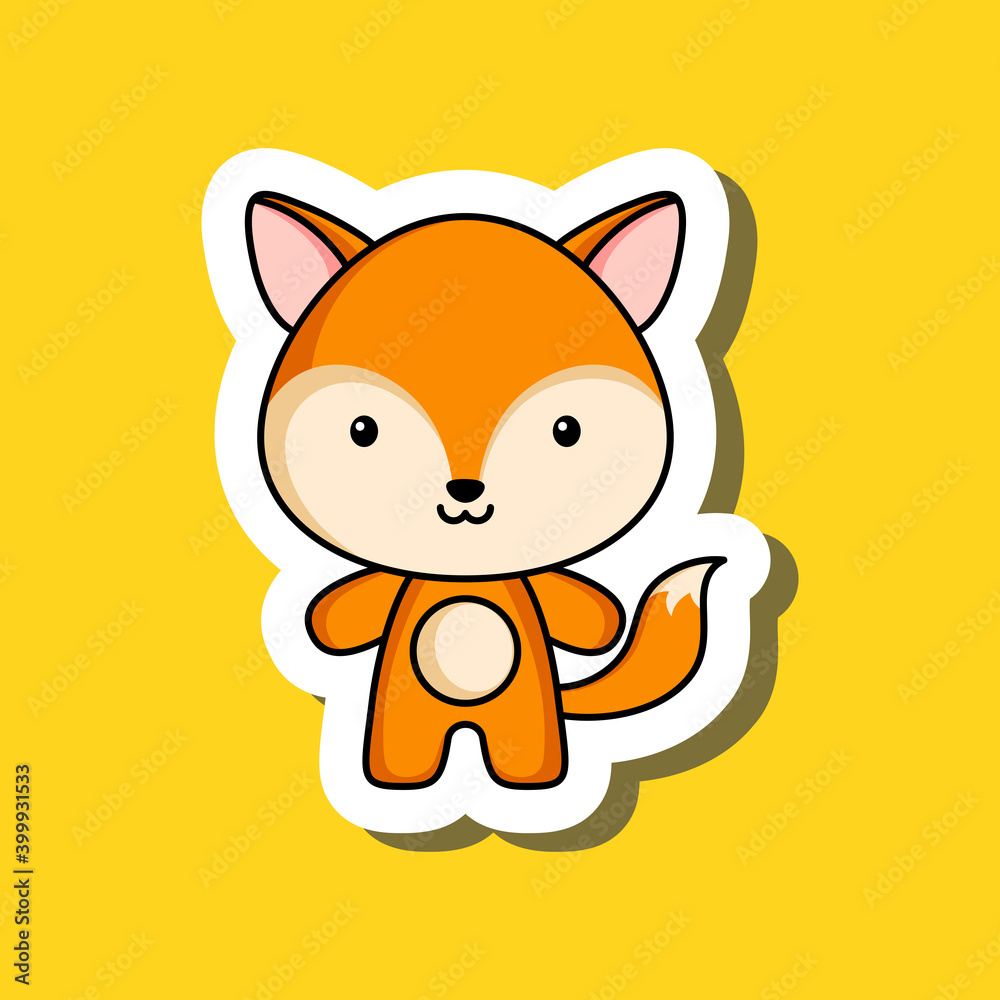Fototapeta premium Cute cartoon sticker little fox. Mascot animal character design for for kids cards, baby shower, posters, b-day invitation, clothes. Colored childish vector illustration in cartoon style.