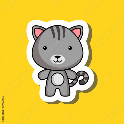 Cute cartoon sticker little cat. Mascot animal character design for for kids cards  baby shower  posters  b-day invitation  clothes. Colored childish vector illustration in cartoon style.