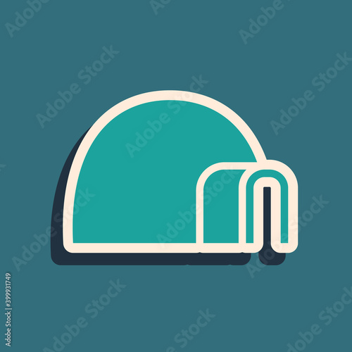 Green Igloo ice house icon isolated on green background. Snow home, Eskimo dome-shaped hut winter shelter, made of blocks. Long shadow style. Vector.