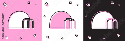 Set Igloo ice house icon isolated on pink and white, black background. Snow home, Eskimo dome-shaped hut winter shelter, made of blocks. Vector.