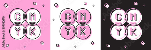 Set CMYK color mixing icon isolated on pink and white, black background. Vector.