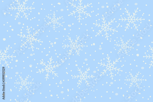 Blue background with snowflakes, seamless pattern, light blue and white colors, vector drawing wide