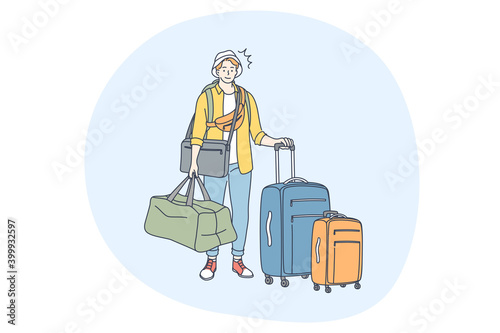 Travelling with luggage, vacations and journey with suitcase concept. Young man traveller tourist standing with luggage and waiting for flight in airport vector illustration 
