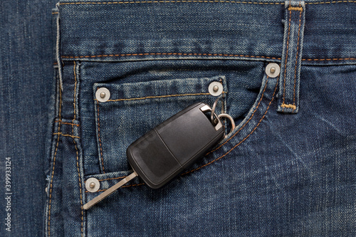 Ignition key is lying in side pocket of blue jeans.