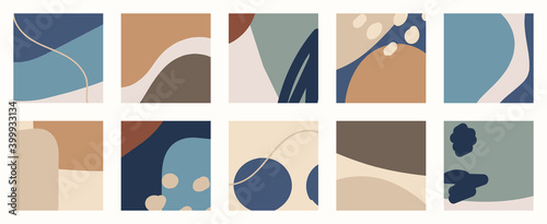 Trendy social media set of ten abstract backgrounds with abstract organic shapes composition in contemporary collage minimal style.