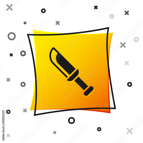 Black Military knife icon isolated on white background. Yellow square button. Vector.