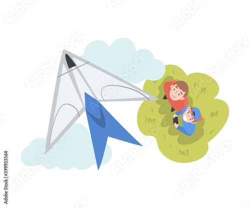 Boys Launching Aeromodel, View from Above of Friends Watching at Flying Airplane, Aeromodelling Cartoon Style Vector Illustration