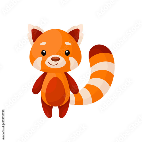 Cute little red panda on white background. Cartoon animal character for kids cards, baby shower, posters, b-day invitation, clothes. Bright colored childish vector illustration in ecartoon style. photo