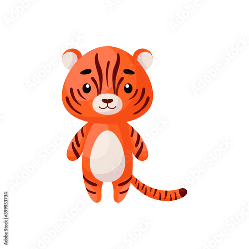 Fototapeta Naklejka Na Ścianę i Meble -  Cute little tiger on white background. Cartoon animal character for kids cards, baby shower, posters, b-day invitation, clothes. Bright colored childish vector illustration in ecartoon style.
