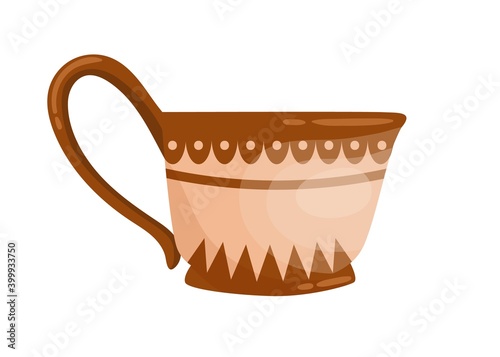 Ancient grecian ornamented jug with handle. Old greek pottery decorated with hellenic ornaments. Flat vector cartoon illustration of antique ceramic amphora kyathos isolated on white background photo