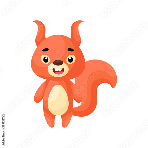 Cute little squirrel on white background. Cartoon animal character for kids cards, baby shower, posters, b-day invitation, clothes. Bright colored childish vector illustration in ecartoon style. photo