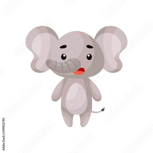 Cute little elephant on white background. Cartoon animal character for kids cards  baby shower  posters  b-day invitation  clothes. Bright colored childish vector illustration in ecartoon style.