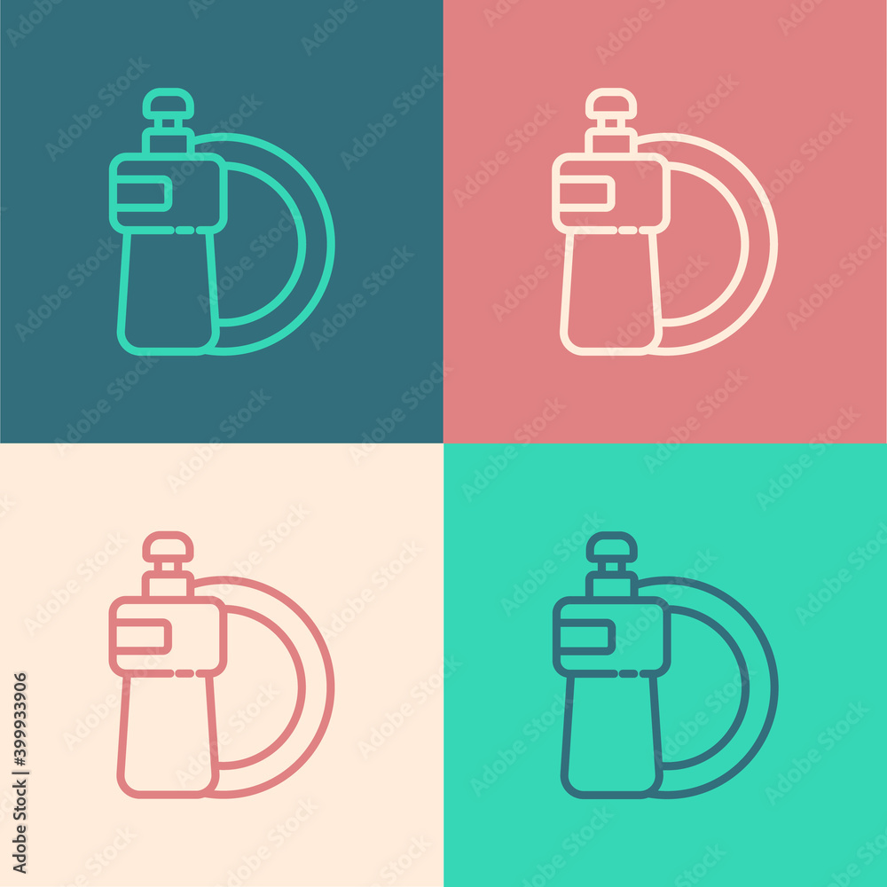 Pop art line Dishwashing liquid bottle and plate icon isolated on color background. Liquid detergent for washing dishes. Vector Illustration. Pop art line Dishwashing liquid bottle and plate icon isolated on color background. Liquid detergent for washing dishes. Vector Illustration.
