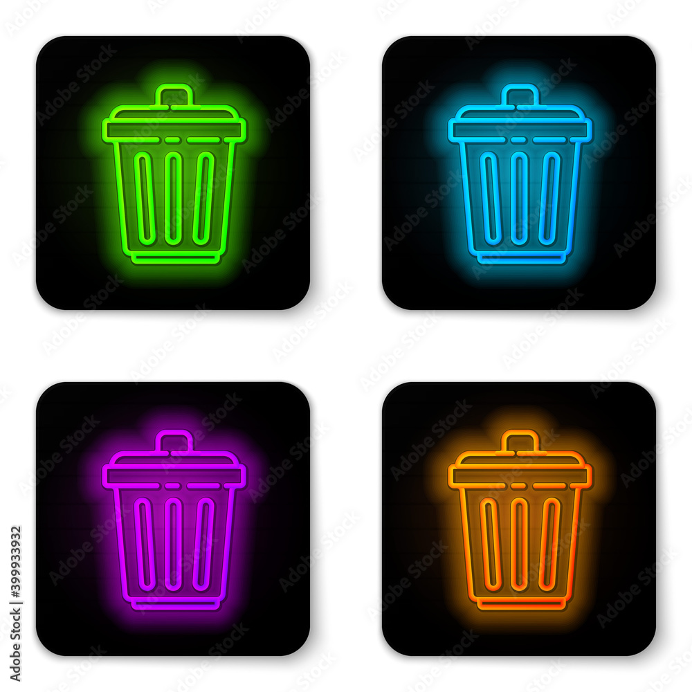 Glowing neon line Trash can icon isolated on white background. Garbage bin sign. Recycle basket icon. Office trash icon. Black square button. Vector Illustration. Glowing neon line Trash can icon isolated on white background. Garbage bin sign. Recycle basket icon. Office trash icon. Black square button. Vector Illustration.