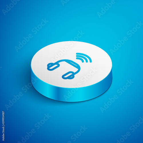 Isometric line Smart headphones system icon isolated on blue background. Internet of things concept with wireless connection. White circle button. Vector.