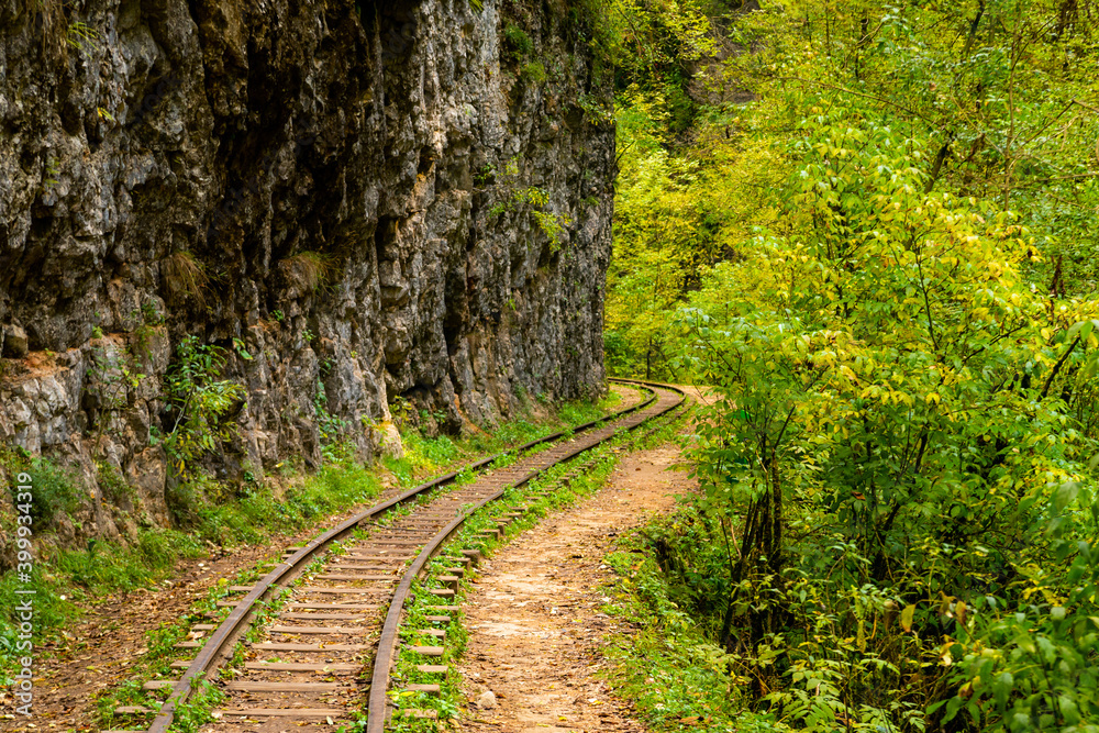 Old narrow gauge railway in mountain region.