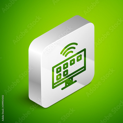 Isometric line Smart Tv system icon isolated on green background. Television sign. Internet of things concept with wireless connection. Silver square button. Vector.
