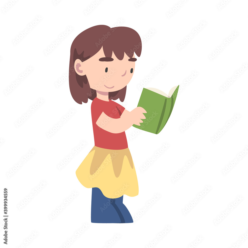 Cute Girl Standing and Reading Book, Adorable Kid Enjoying of Literature, Elementary School Student Character Cartoon Style Vector Illustration