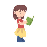 Cute Girl Standing and Reading Book, Adorable Kid Enjoying of Literature, Elementary School Student Character Cartoon Style Vector Illustration
