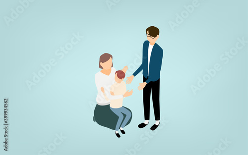 アイソメトリック、家族の絆、父親と母親に子供が甘えている様子