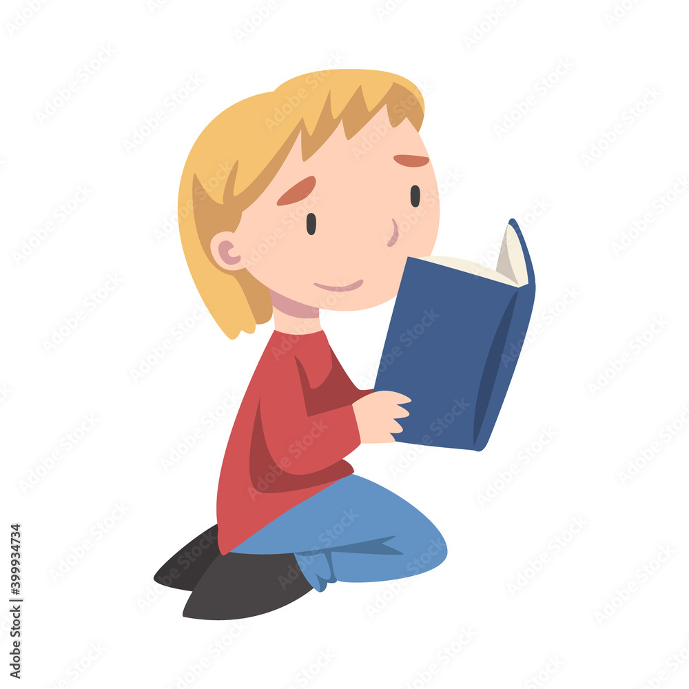 Cute Boy Sitting On Floor on his Knees and Reading Book, Adorable Kid Enjoying of Literature, Elementary School Student Character Cartoon Style Vector Illustration Cute Boy Sitting On Floor on his Knees and Reading Book, Adorable Kid Enjoying of Literature, Elementary School Student Character Cartoon Style Vector Illustration