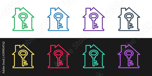 Set line House with key icon isolated on black and white background. The concept of the house turnkey. Vector.