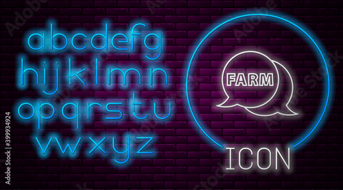 Glowing neon line Speech bubble with text Farm icon isolated on brick wall background. Neon light alphabet. Vector.