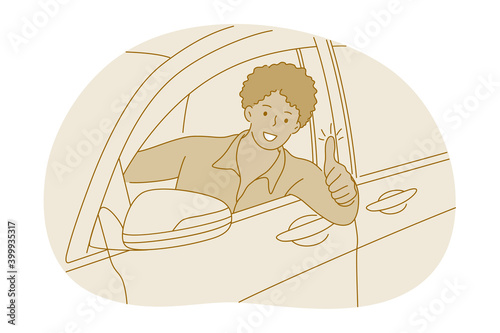 New car purchase, happy owner of new vehicle concept. Young smiling man cartoon character sitting in new white car and showing thumbs up sign after purchase in transport car salon office