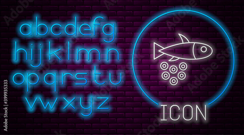 Glowing neon line Fish with caviar icon isolated on brick wall background. Neon light alphabet. Vector..