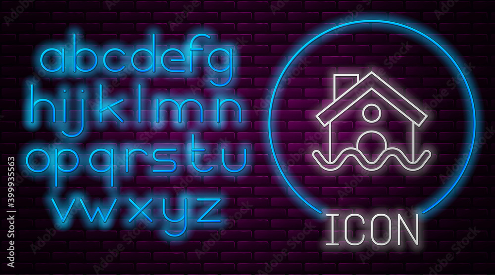 Glowing neon line House flood icon isolated on brick wall background. Home flooding under water. Insurance concept. Security, safety, protection, protect concept... Glowing neon line House flood icon isolated on brick wall background. Home flooding under water. Insurance concept. Security, safety, protection, protect concept...