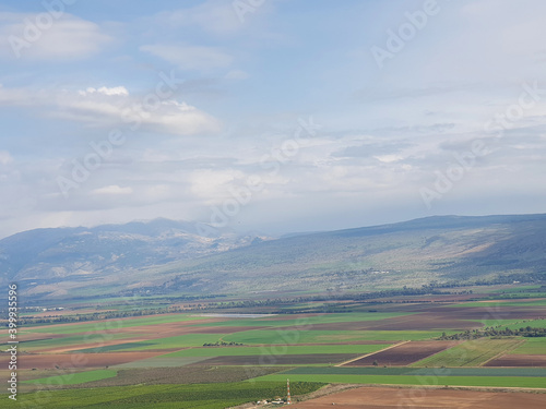 A view on the Hula valley, Golan heights and Mount Hermon with snow on top, Israel landscape