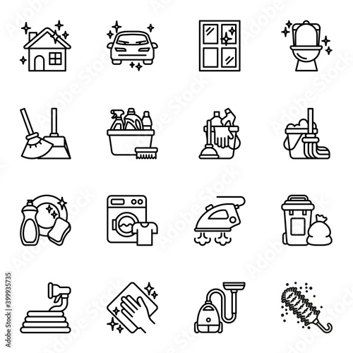 Cleaning icons set. Laundry and Vacuum cleaner. Washing machine Thin line style stroke vector.