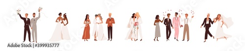 Set of lesbian and gay newlywed couples vector flat illustration. Collection of cute lgbt wedding ceremonies isolated on white. Romantic scenes with happy same sex spouses celebrating marriage