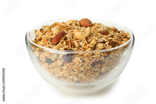 Bowl with granola isolated on white background