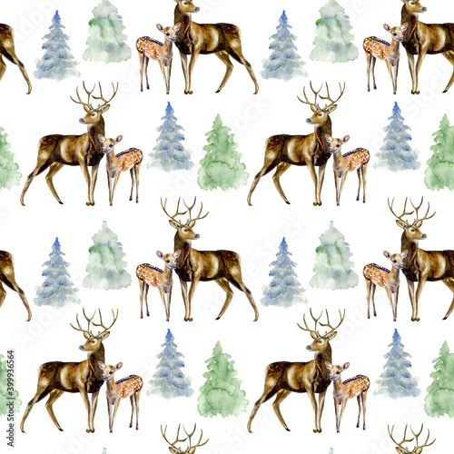 Watercolor hand painted seamless pattern with deer and fawn, green and blue fir-trees on white background. Forest pattern is prefect for fabric, wrapping paper or scrapbooking.