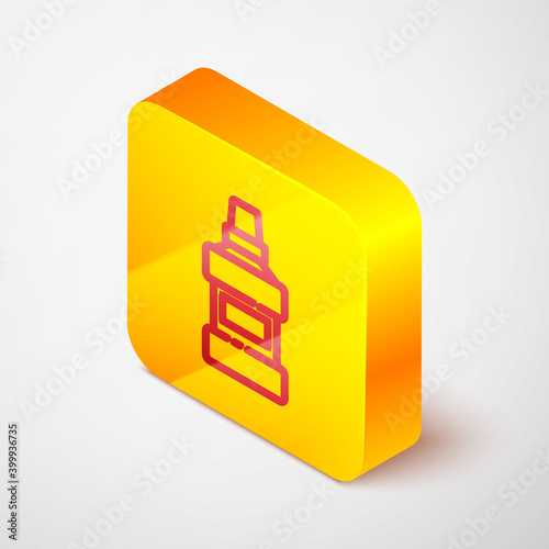 Isometric line Mouthwash plastic bottle and glass icon isolated on grey background. Liquid for rinsing mouth. Oralcare equipment. Yellow square button. Vector.