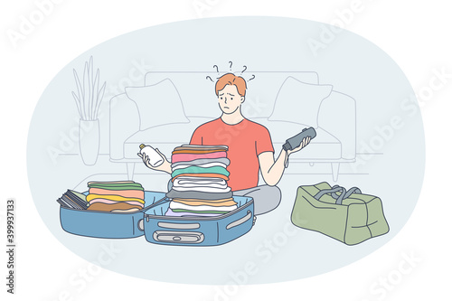 Travelling with luggage, vacations and journey with suitcase concept. Young man traveller tourist sitting and home and trying to collect all things before vacations feeling stressed illustration 