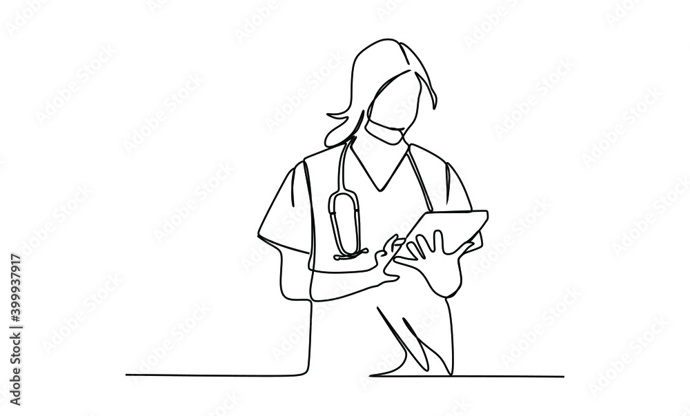Young medical doctor woman filling out prescription. Continuous one line drawing