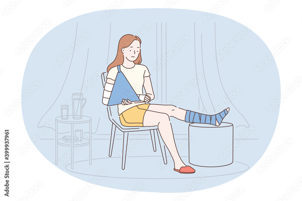 Suffering from pain in muscles, joints, injuries concept. Young unhappy  woman cartoon character sitting with broken leg and arm and feeing ill at  home. Trauma, chronic illness, inflammation Stock Vector | Adobe