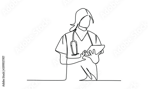 Young medical doctor woman filling out prescription. Continuous one line drawing