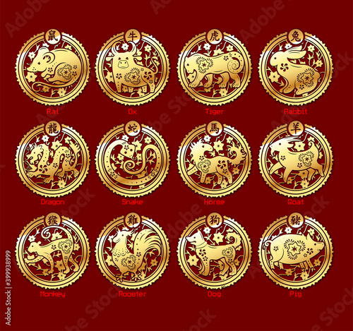Set of twelve animals of the Chinese zodiac. Gold on a red background.
