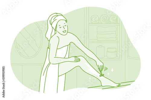 Beauty procedure, cosmetics, home skincare concept. Young smiling woman cartoon character using shaver for having smooth skin and shaving at home vector illustration. Dermatology, cosmetology