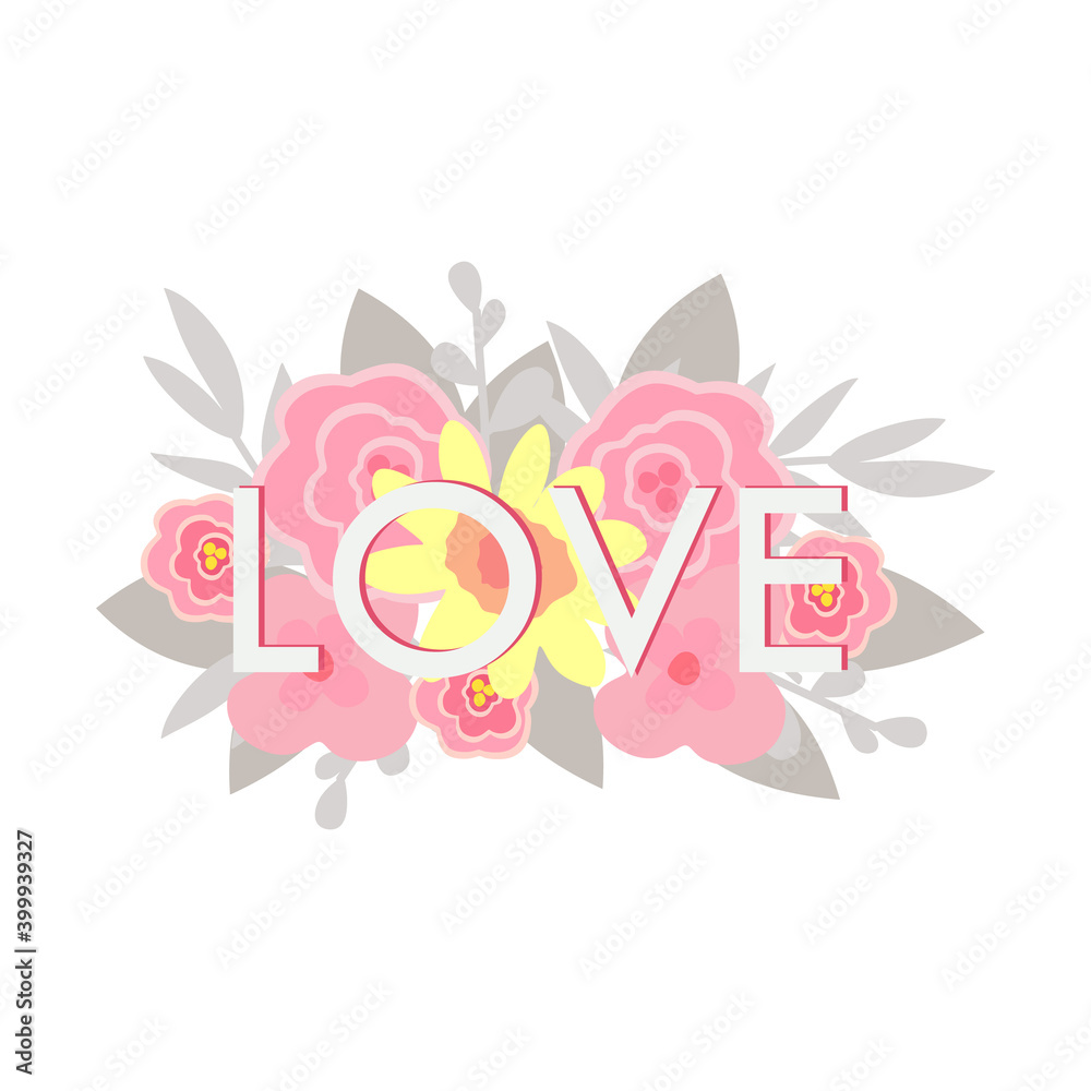 love text with flower bouquet background.