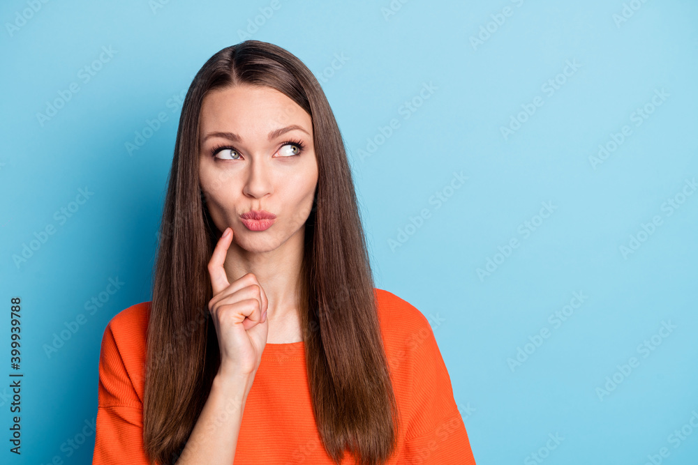 Close-up portrait of her she nice attractive minded curious brown-haired girl thinking copy space pout lips isolated on bright vivid blue color background