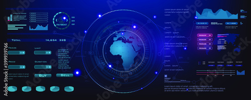 Earth globe with interface HUD panel with data and information, world internet technologies and communications. Earth diagram interface in HUD, GUI, UI style. Internet game panel for video games